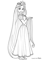 Hermosa Rapunzel sosteniendo su cabello