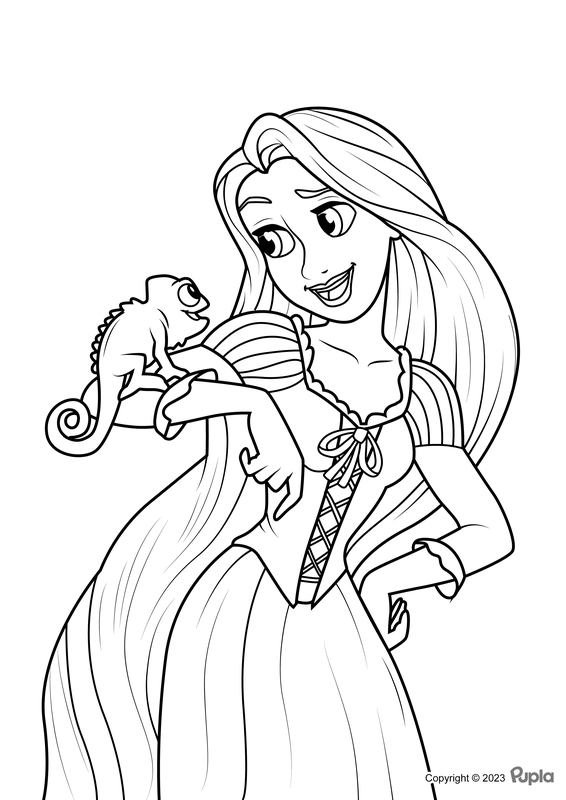 Rapunzel en Pascal kijken elkaar aan Kleurplaat