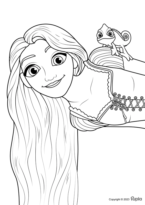Rapunzel and Pascal Peeking Around the Corner Coloring Page
