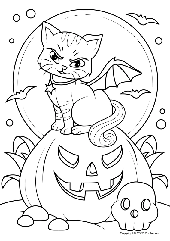 Dibujo para Colorear Gato de Halloween sentado sobre una calabaza