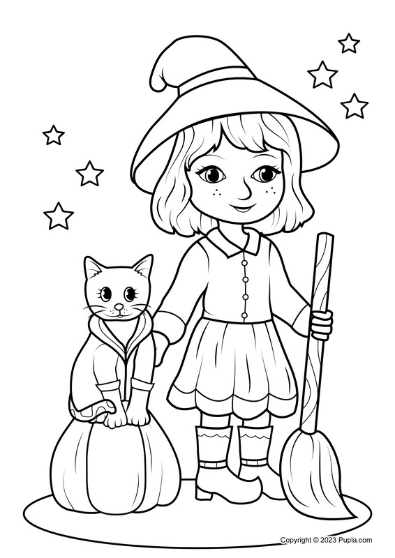 Halloween Girl with Cat Coloring Page