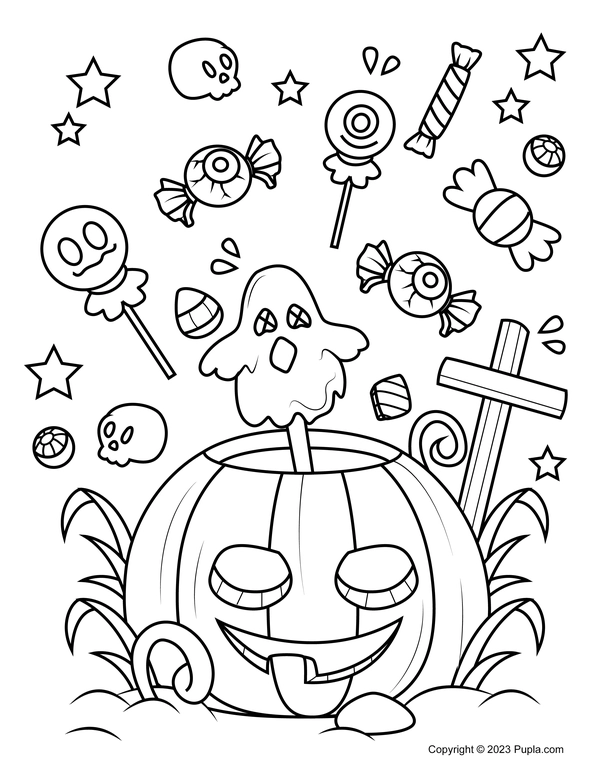 Dibujo para Colorear Calabaza y caramelos de Halloween