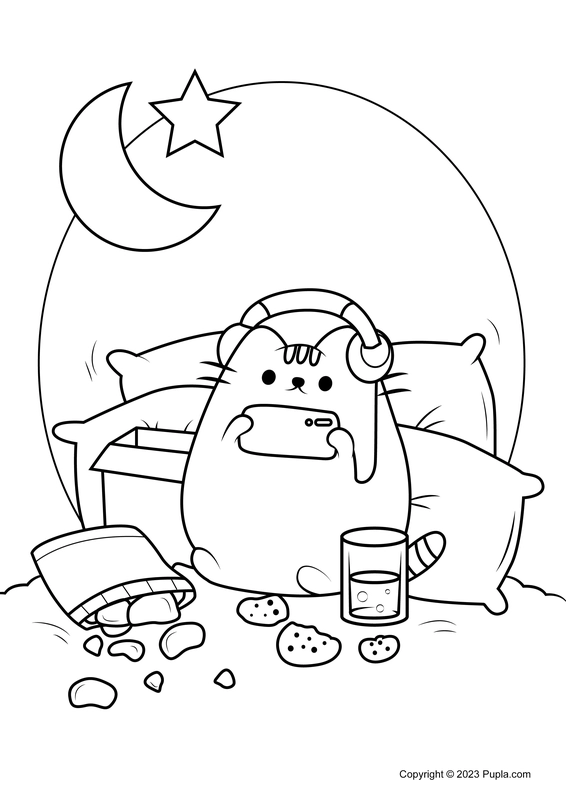 Pusheen Chliling on Bed Coloring Page