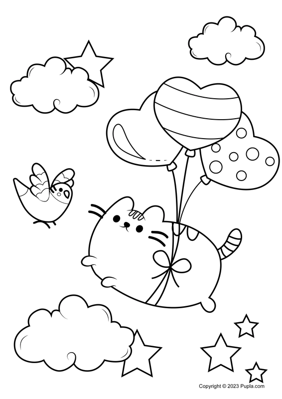 Pusheen Floating with Balloons Coloring Page