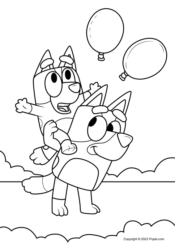 Bluey und Bingo spielen mit Luftballons Ausmalbild