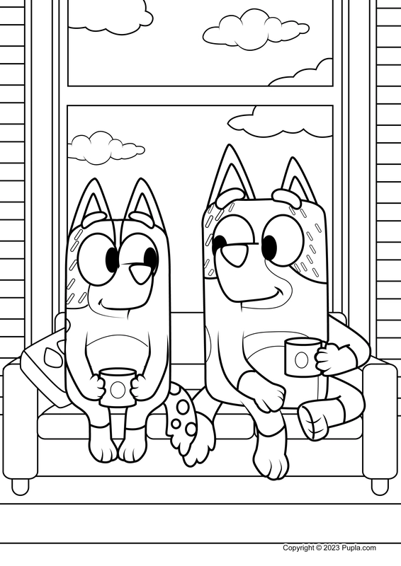 Bluey Mum and Dad Drinking Coffee Coloring Page
