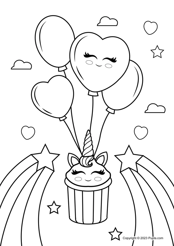 Cute Unicorn Cupcake and Balloons Coloring Page