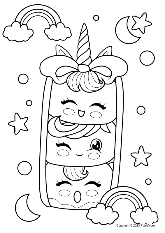 Stacked Unicorn Marshmallows Coloring Page