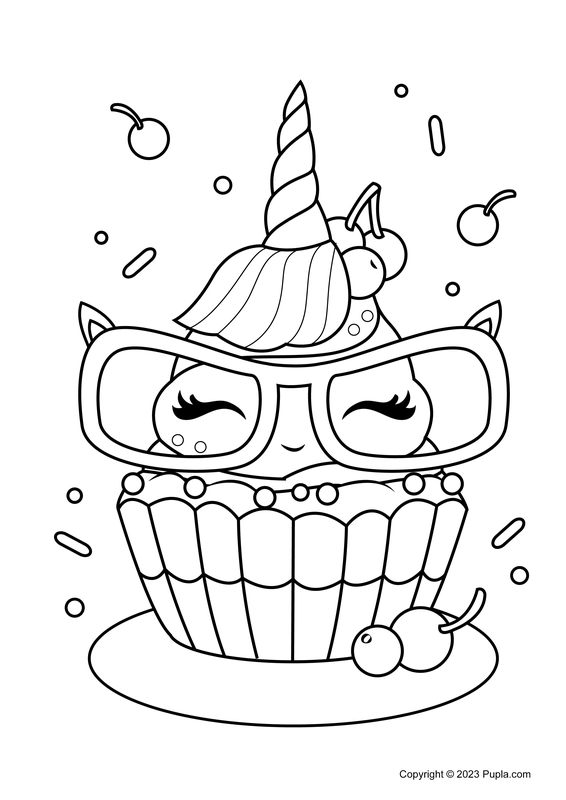 Cute Unicorn Cupcape with Glasses Coloring Page