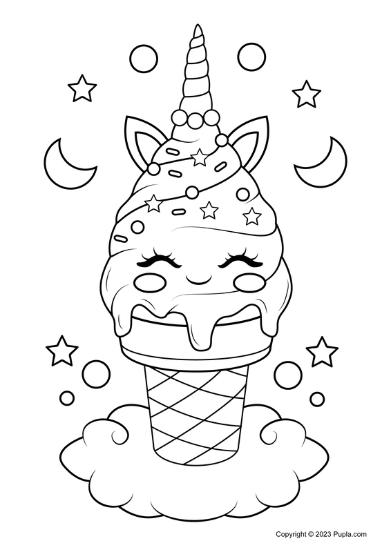 Unicorn with Rainbow and Ice Cream Coloring Page - ColoringAll