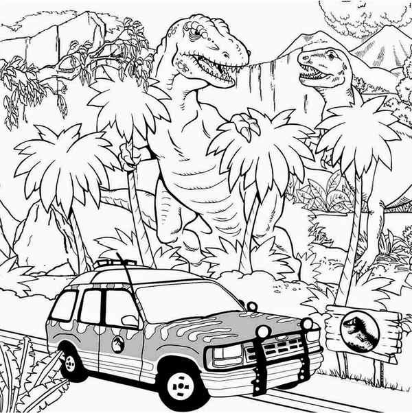 Dibujo para Colorear Dinosaurio Jurassic Park Coche