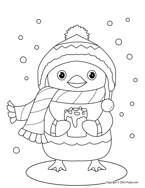 Pinguin drinkt warme chocolademelk Kleurplaat