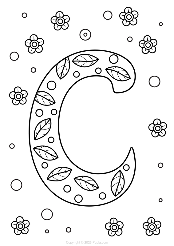 Letter C met bladeren Kleurplaat