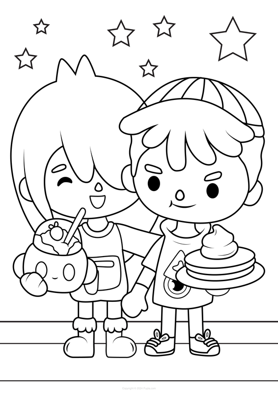 Toca Boca Boy and Girl Eating Coloring Page