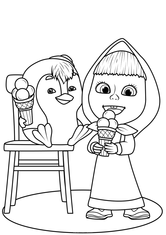 Masha and Penguin Eating Ice Cream Coloring Page