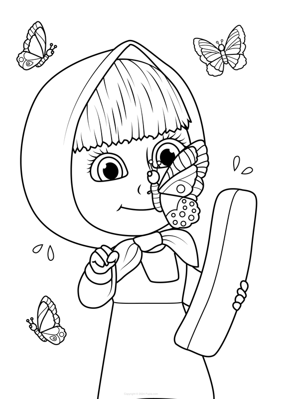 Dibujo para Colorear Masha con una mariposa en la nariz