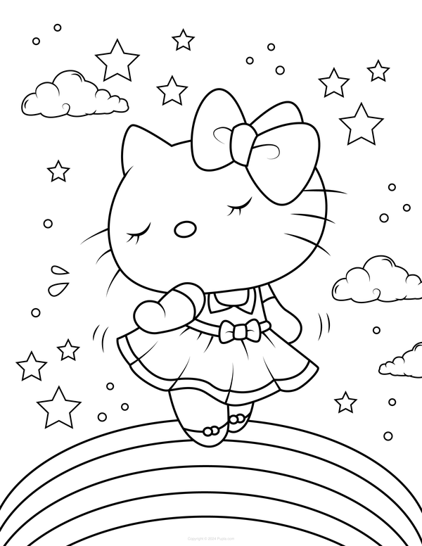 Coloriage Hello Kitty sur un arc-en-ciel