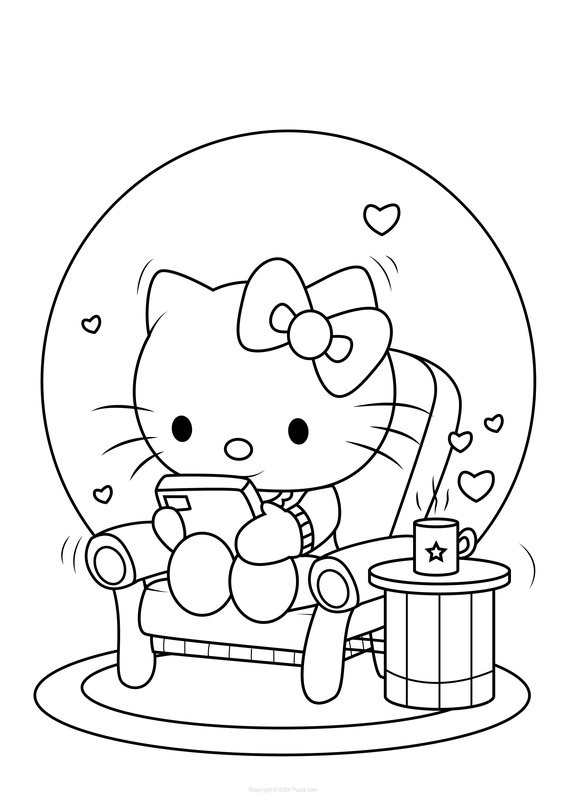 Dibujo para Colorear Hello Kitty sentada en casa