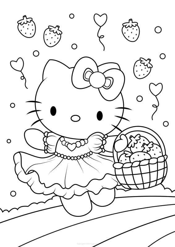Hello Kitty met een mandje aardbeien Kleurplaat