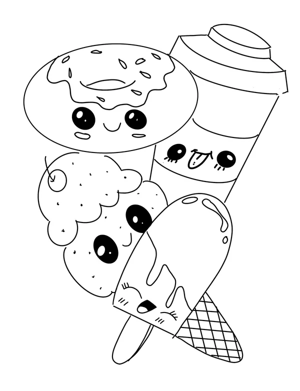 Different Kawaii Foods Coloring Page