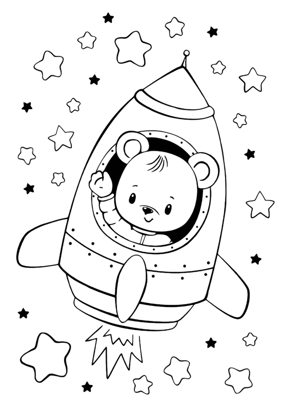 Kawaii Bear in Rocket Coloring Page