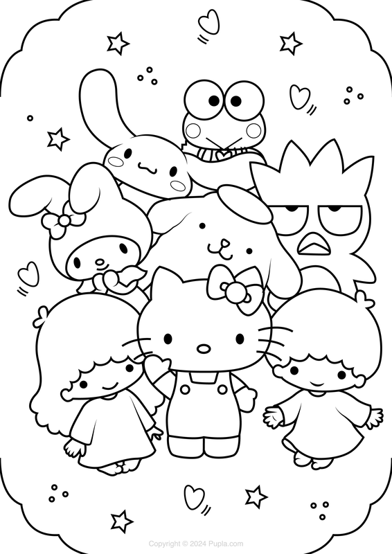 Sanrio Characters Hearts and Stars Coloring Page