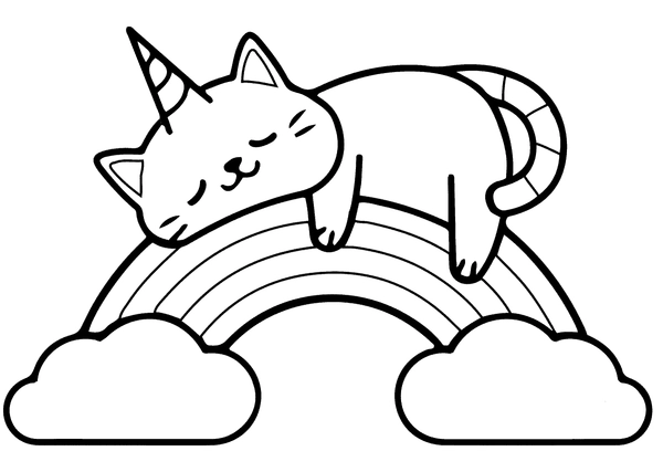 Coloriage Chat kawaii sur l'arc-en-ciel
