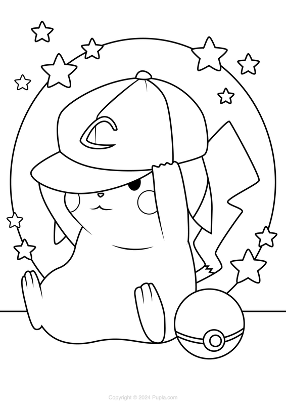 Pikachu Wearing a Cap Coloring Page