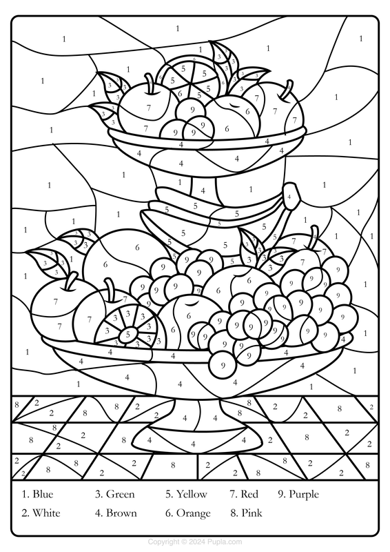 Color by Number Fruit Bowl Coloring Page