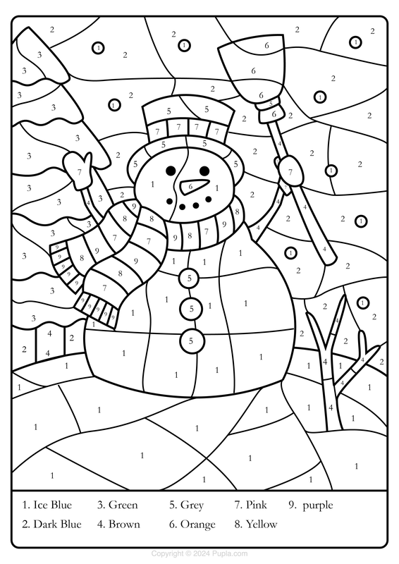 Kleur op nummer Winter Sneeuwman Kleurplaat