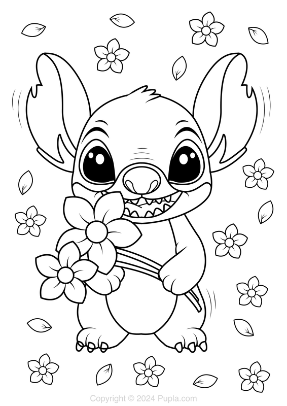 Young Stitch Holding Flowers Coloring Page