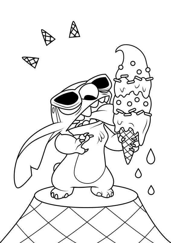 Stitch Eating a Big Ice Cream Coloring Page