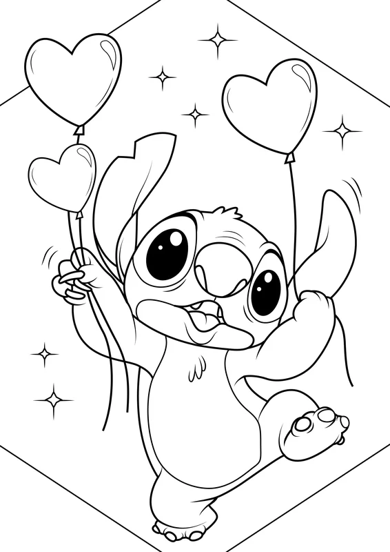 Stitch Holding Heartshaped Balloons Coloring Page