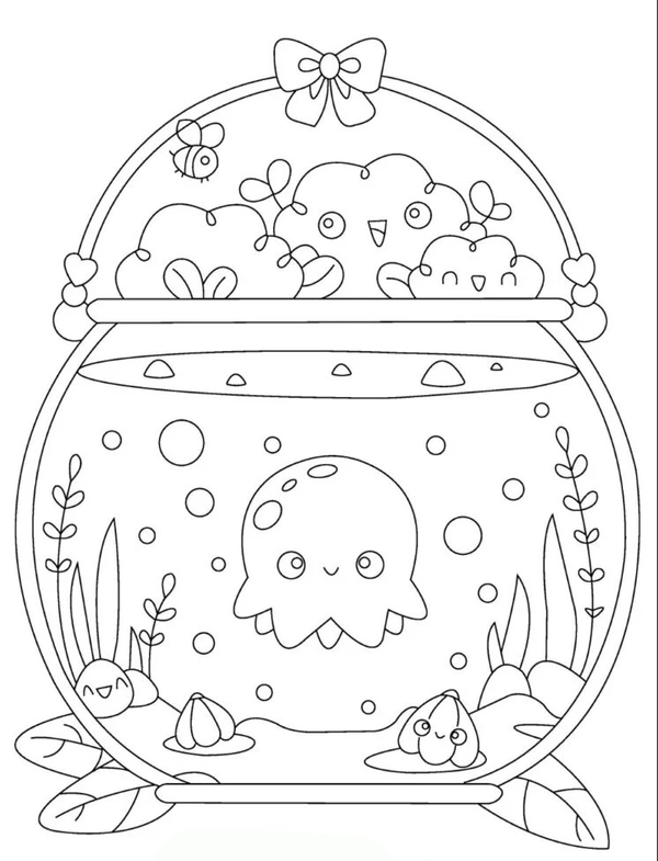 Kawaii Fishbowl Coloring Page