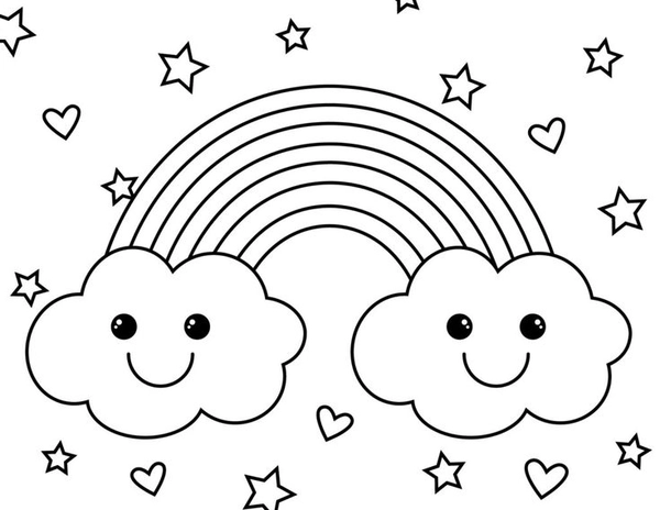 Kawaii Rainbow and Clouds Coloring Page