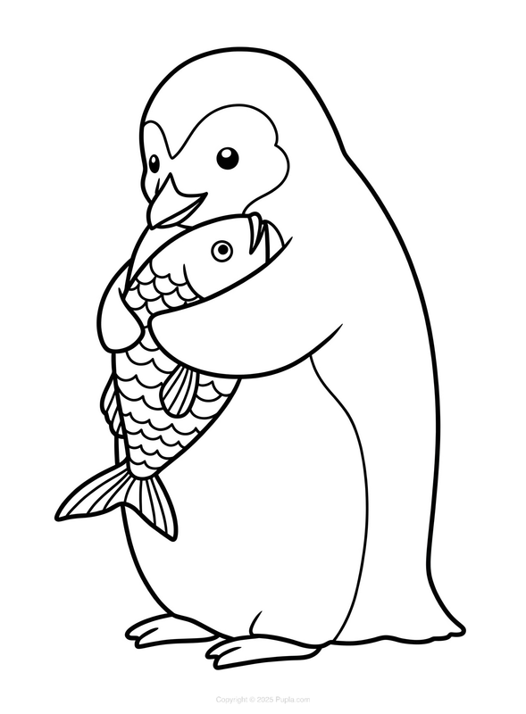 Coloriage Pingouin serrant un poisson dans ses bras