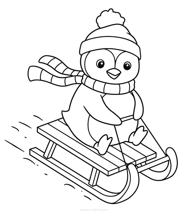 Penguin Riding a Sled Coloring Page