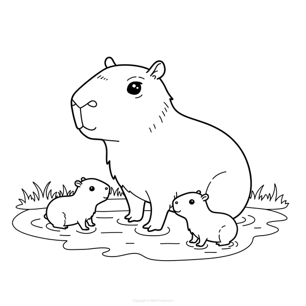 Dibujo para Colorear Madre Capibara con sus crías