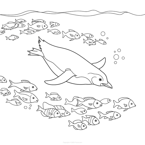 Coloriage Pingouin nageant avec les poissons