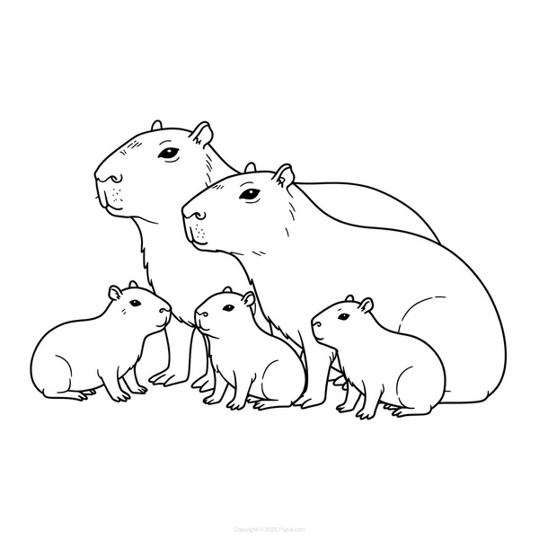 Capybara Family Coloring Page