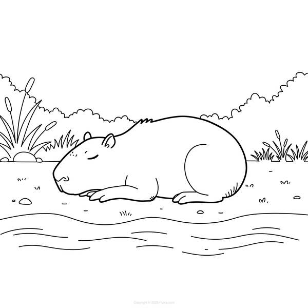 Capybara Sleeping Alongside the River Coloring Page