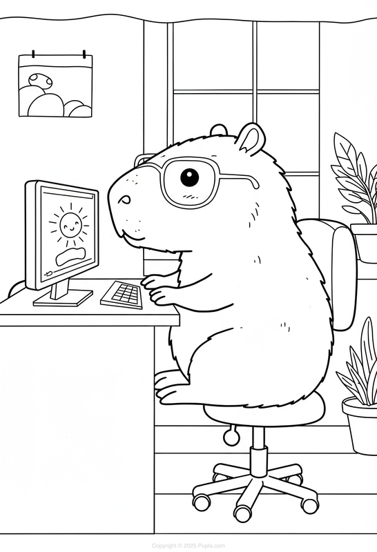 Capibara aan het werk op een computer Kleurplaat