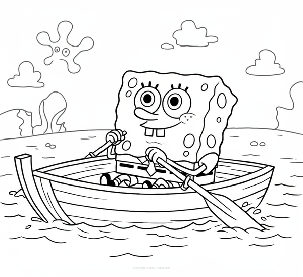 Dibujo para Colorear Bob Esponja en un bote de remos