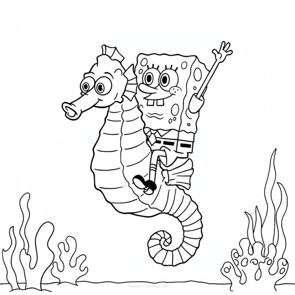 Spongebob Riding a Seahorse Coloring Page