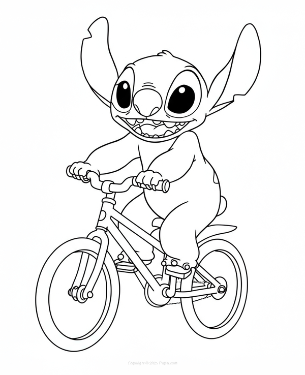 Coloriage Stitch à bicyclette