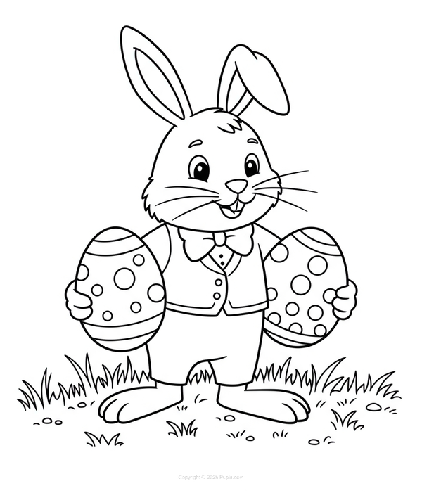 Dibujo para Colorear Conejo de Pascua con dos huevos de Pascua en la mano