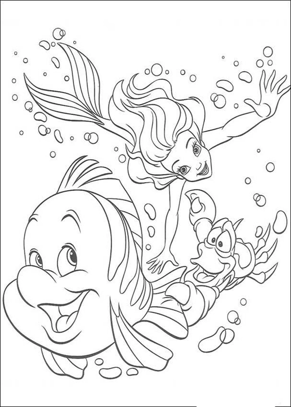 Ariel Flounder and Sebastian Swimming Coloring Page