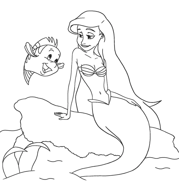 Coloriage Ariel assise sur un rocher avec une limande