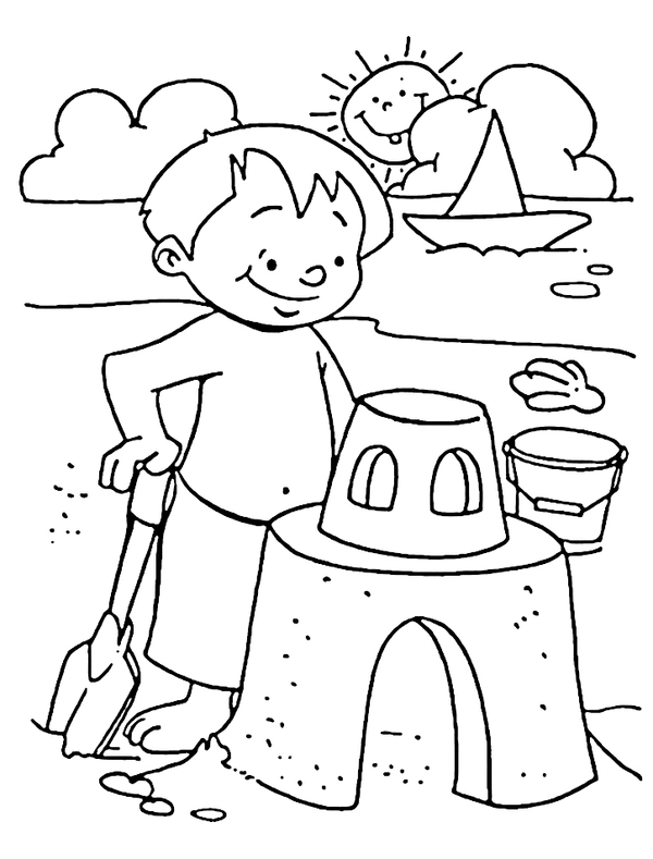 Coloriage Beach Boy construisant un château de sable