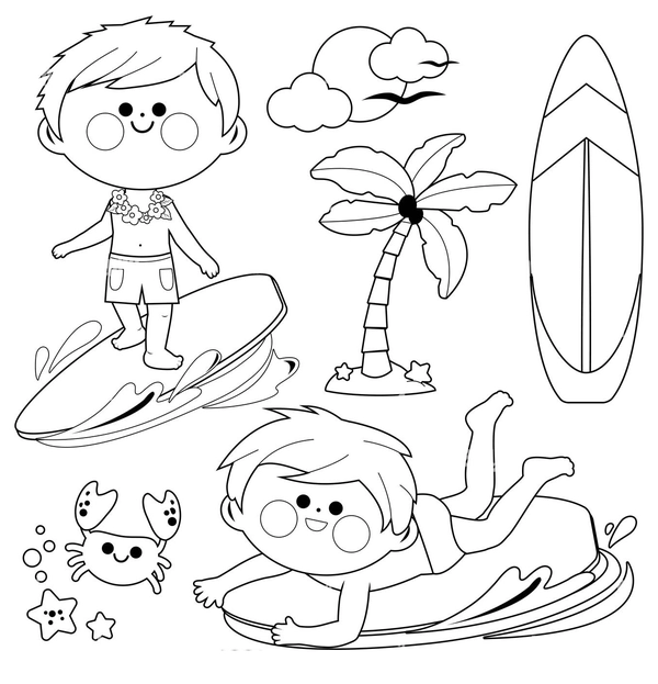 Beach Surfing Boys Coloring Page
